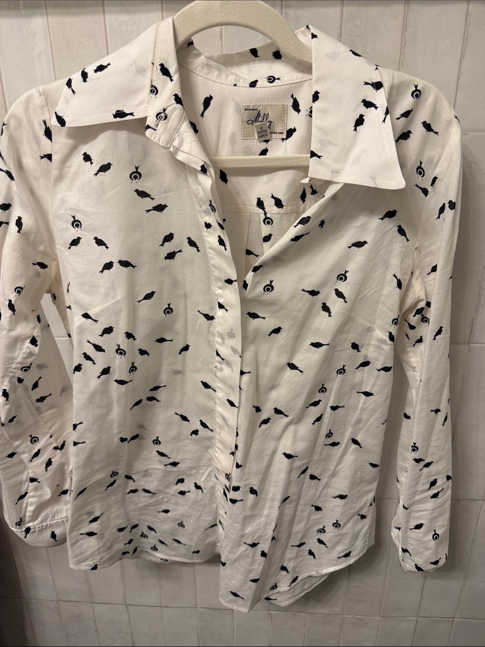 Milly White Button-Down Shirt with Black Bird Print